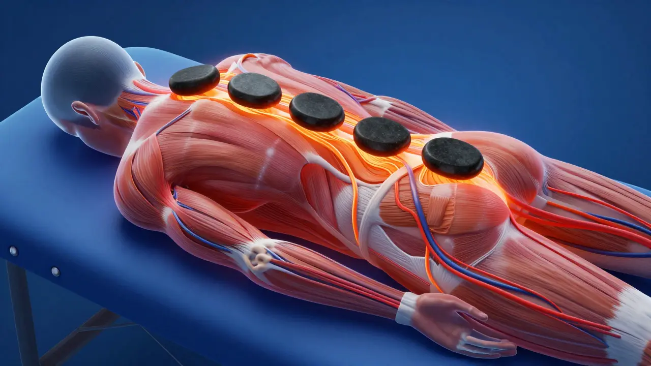 Illustration showing heat from stones penetrating muscles and improving blood circulation.
