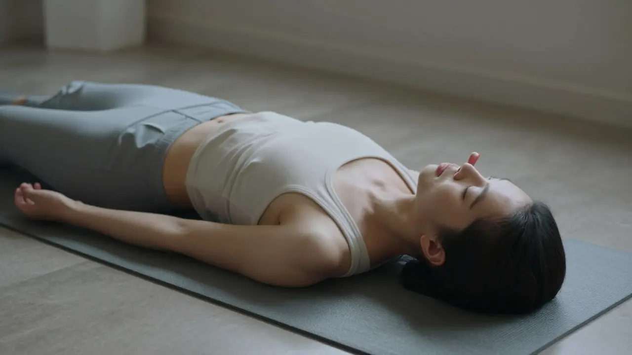 Person resting in Savasana with fingers gently pressing between eyebrows