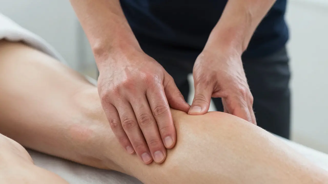 Therapist hands applying deep tissue massage technique on athlete's calf