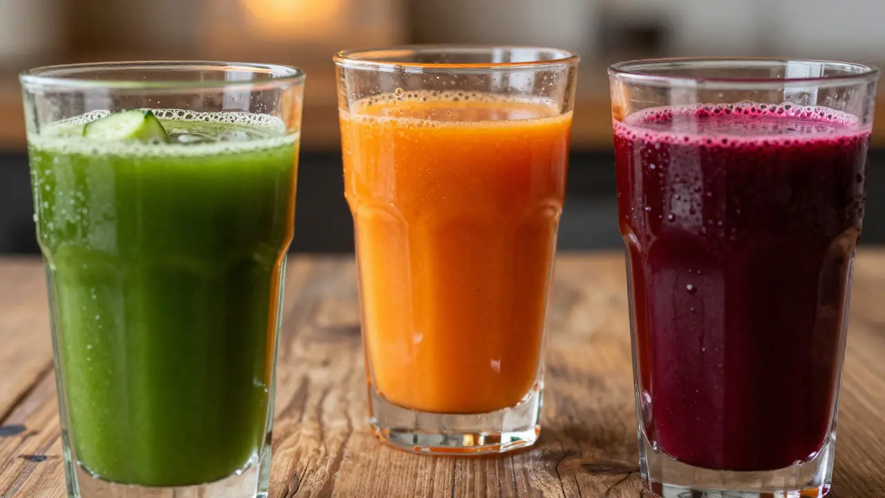 Three glasses of colorful fresh juice in green, orange, and red on a wooden table.