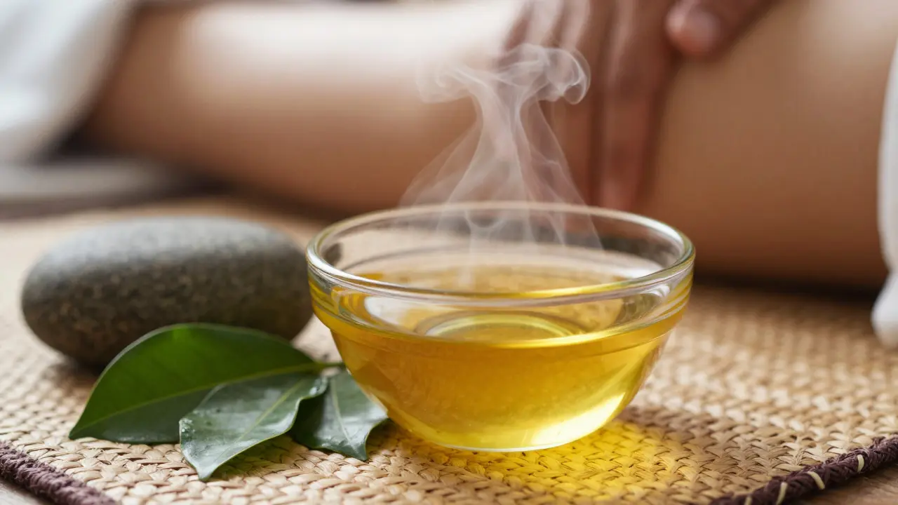 Close up of kukui nut oil and tropical elements for Hawaiian massage