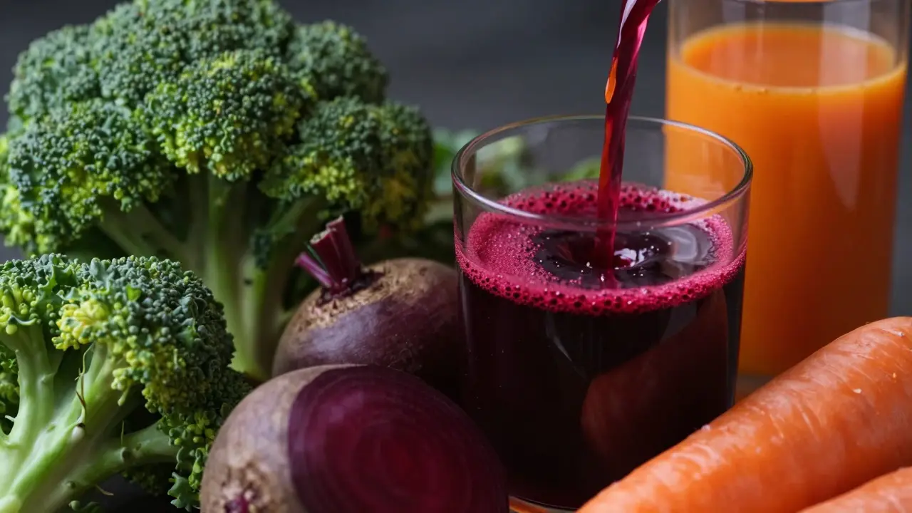 Close-up of raw vegetables like kale and beets next to flowing colorful juices.