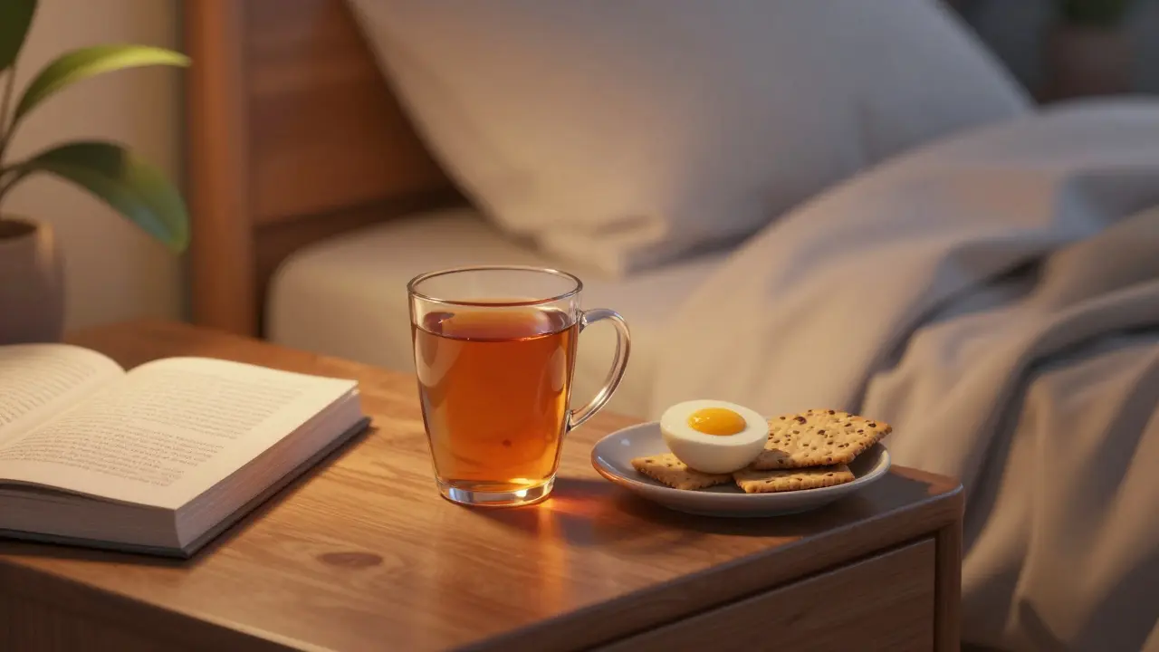 Cozy nightstand with herbal tea, hard-boiled egg, and crackers in warm light.
