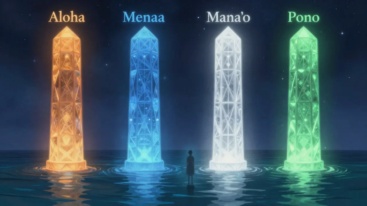 Four glowing pillars representing Kahuna wisdom principles