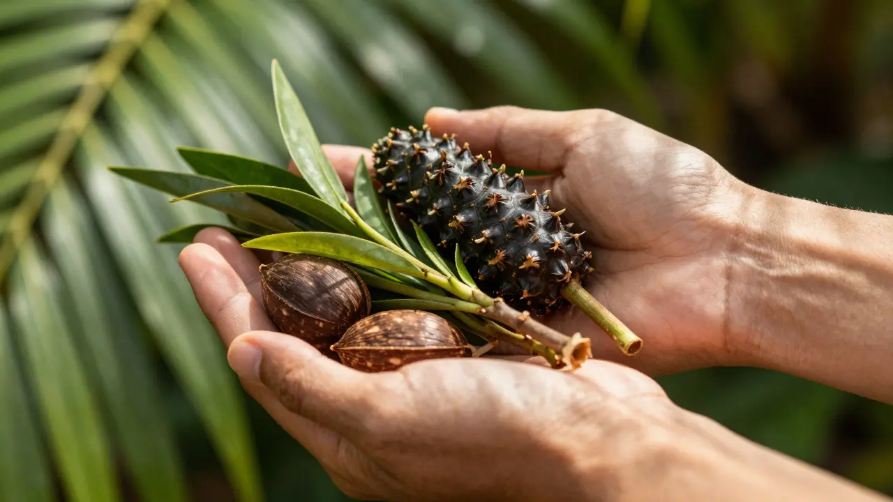 Hands holding native Hawaiian healing herbs in sunlight