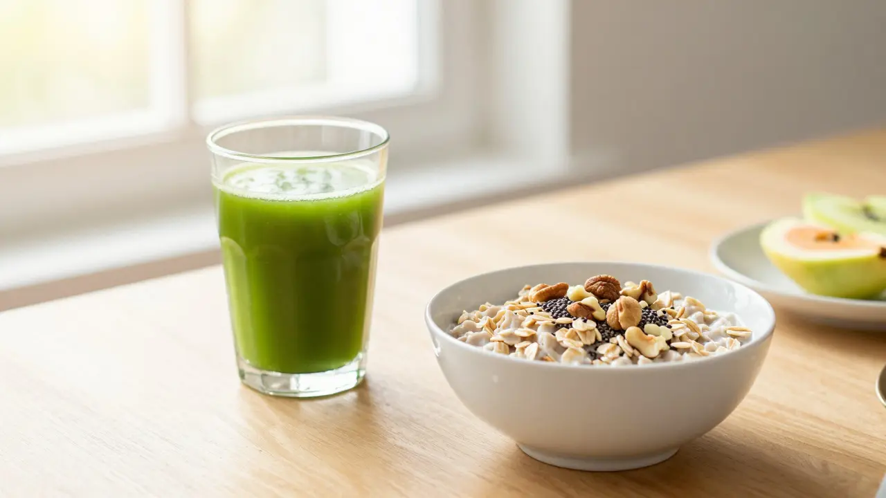Healthy breakfast table with green juice, oats, and fruit in natural sunlight.