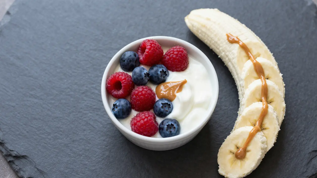 Healthy snack bowl with Greek yogurt, berries, and banana with almond butter.