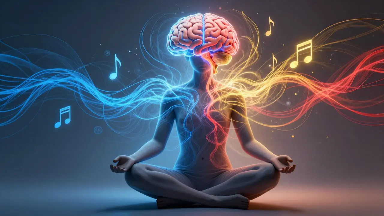 Illustration of a glowing brain transforming into colorful art and music symbols.