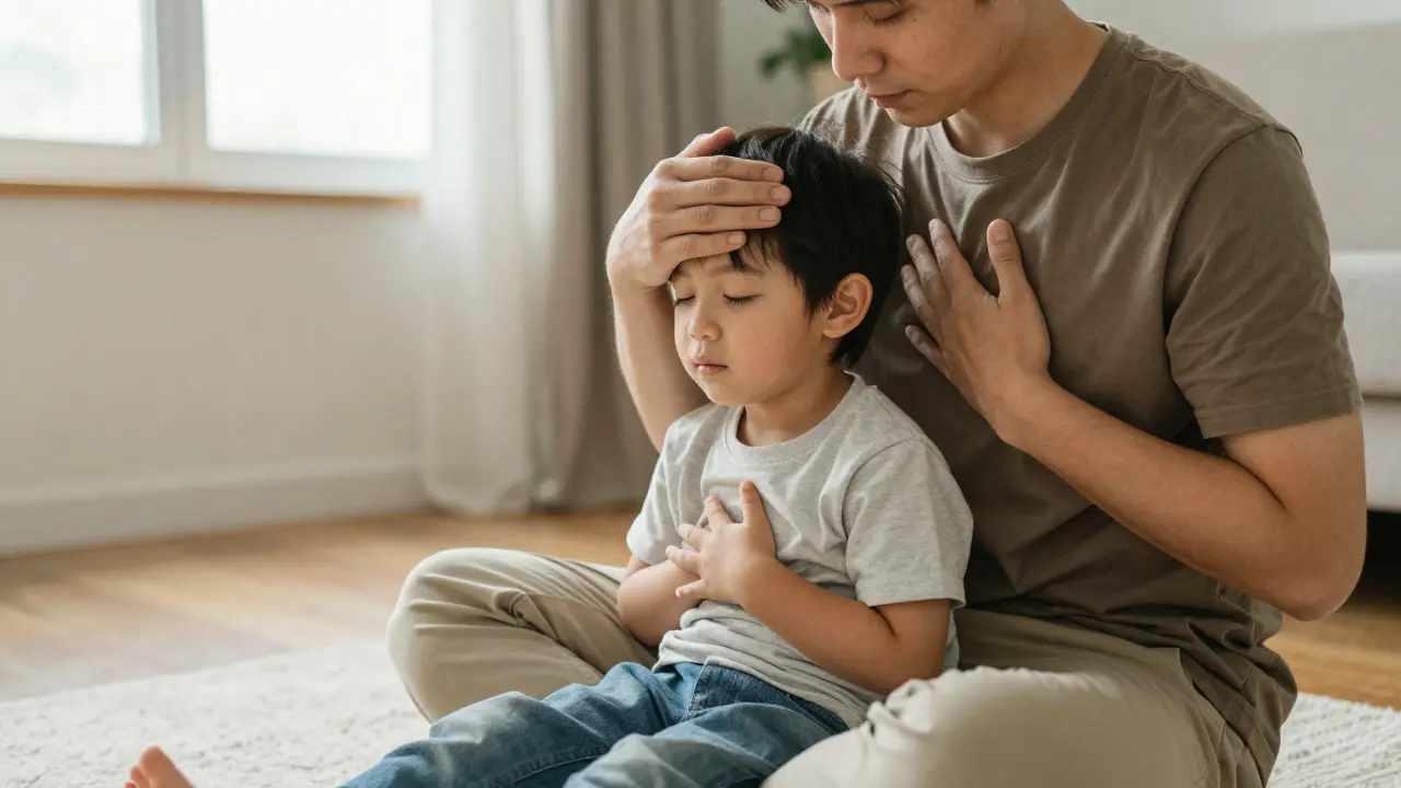 Parent practicing self-Breema with a child for emotional bonding