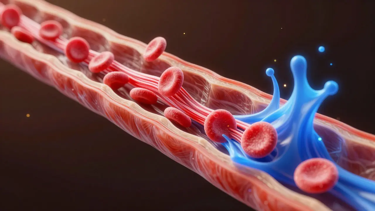 Scientific illustration showing increased blood flow repairing muscle fibers.