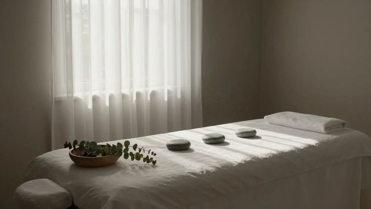 Serene spa room with cooling stones and eucalyptus
