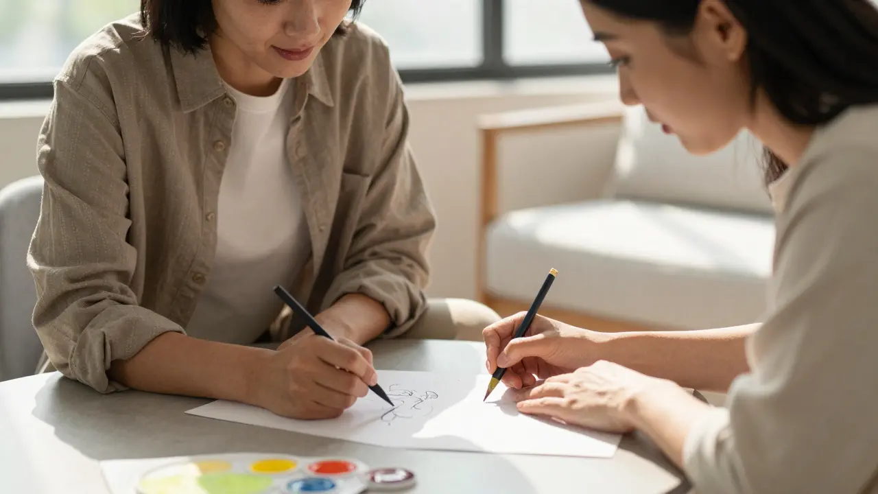 Therapist and client collaborating on a drawing in a sunlit, supportive setting.
