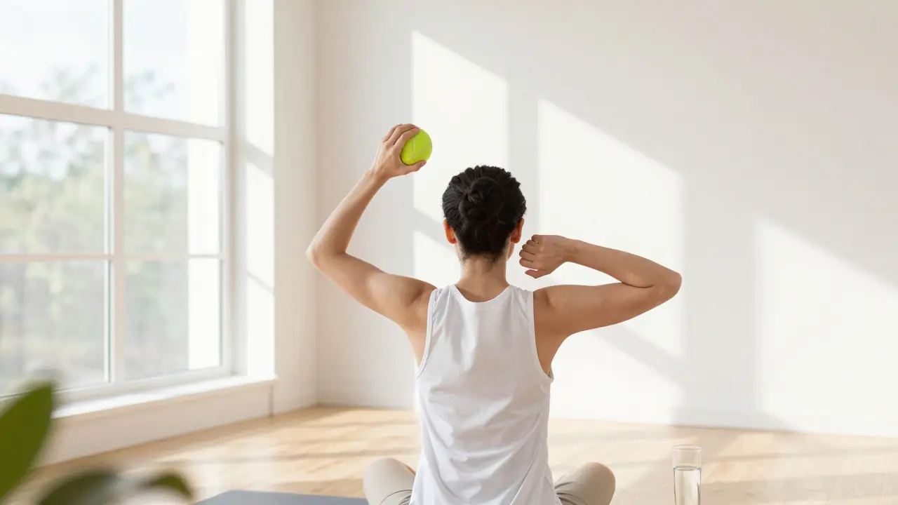 A person stretching their shoulders with a tennis ball against a wall at home.