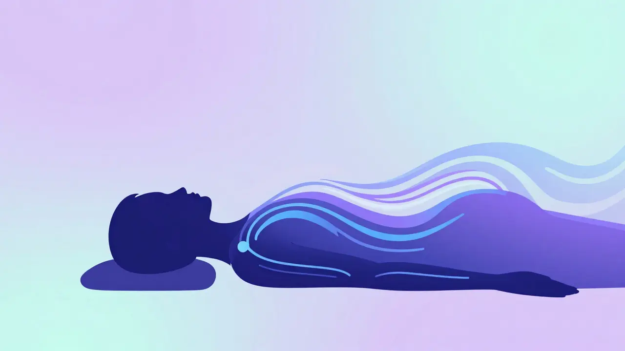 Abstract illustration of a relaxed figure surrounded by calming energy waves