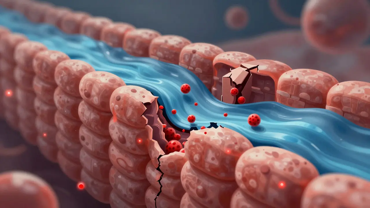 Abstract illustration of toxins leaking through a damaged intestinal barrier