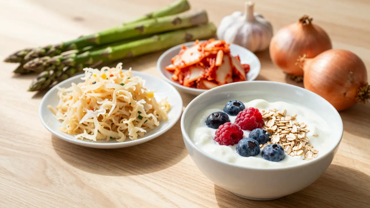 Bowl of yogurt, oats, and fermented vegetables on a wooden table