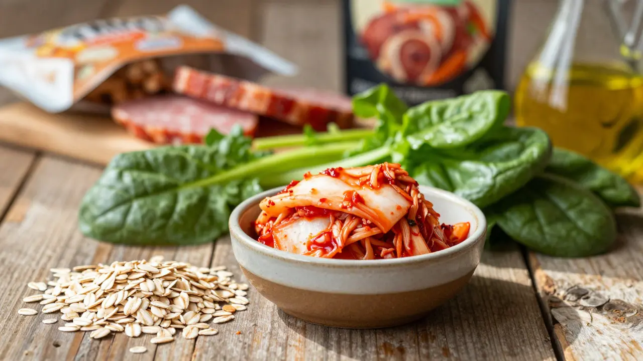 Fresh fiber-rich foods like oats and kimchi contrasted with blurred processed meats