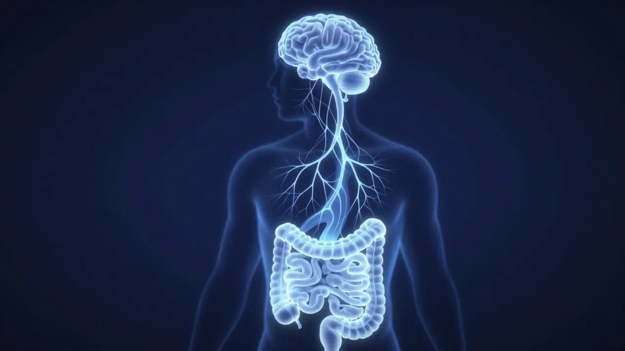 Glowing neural pathways connecting a stomach to a brain