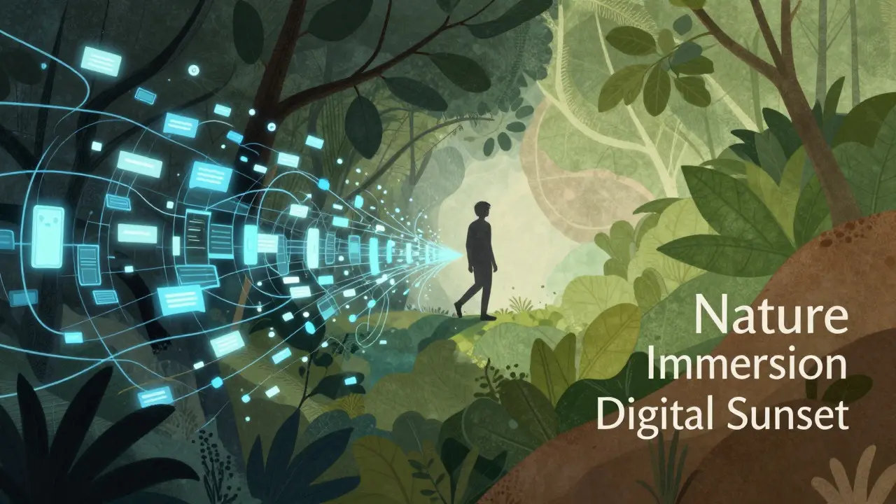 Illustration of shifting from digital screen stress to natural calmness
