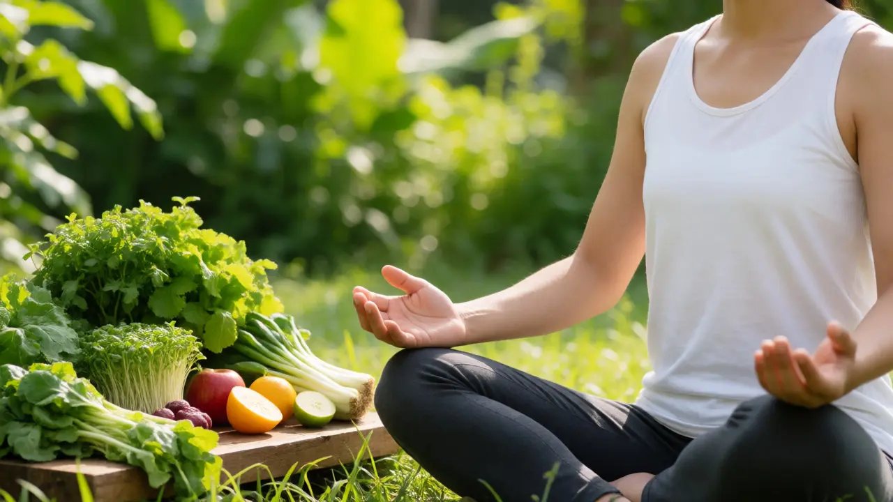 Person practicing breathing exercises outdoors near fresh raw foods like greens and fruits in bright daylight.