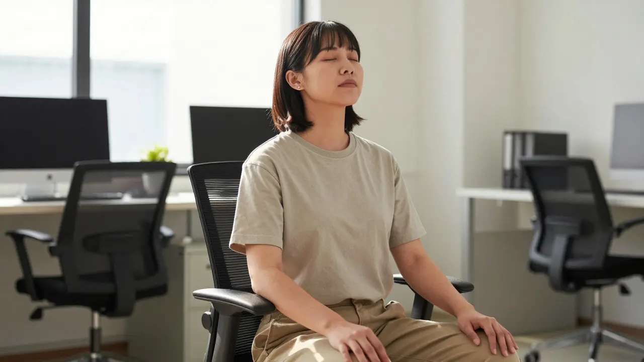 Person practicing deep breathing exercises calmly in an office chair