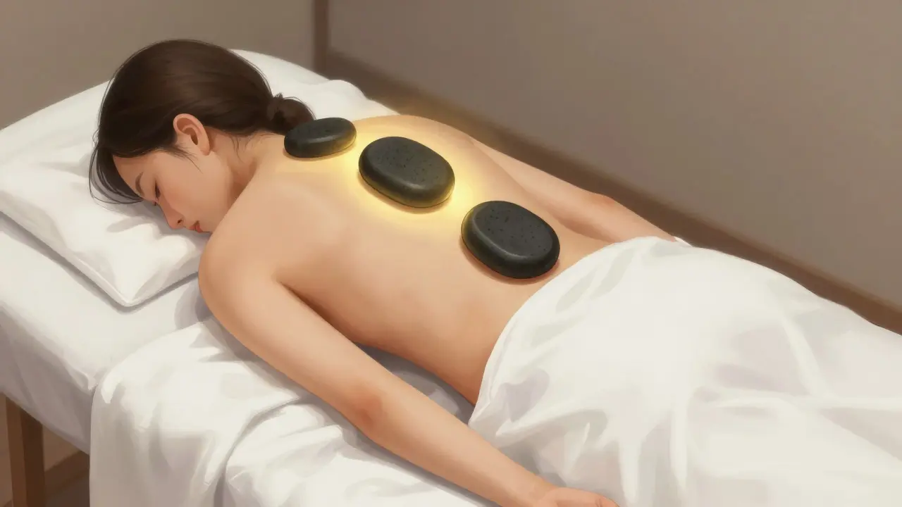 Person receiving hot stone therapy with stones on back