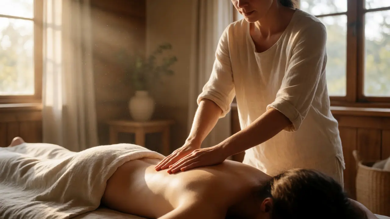Practitioner using light static touch on a client's back in a sunlit, minimalist wellness room.