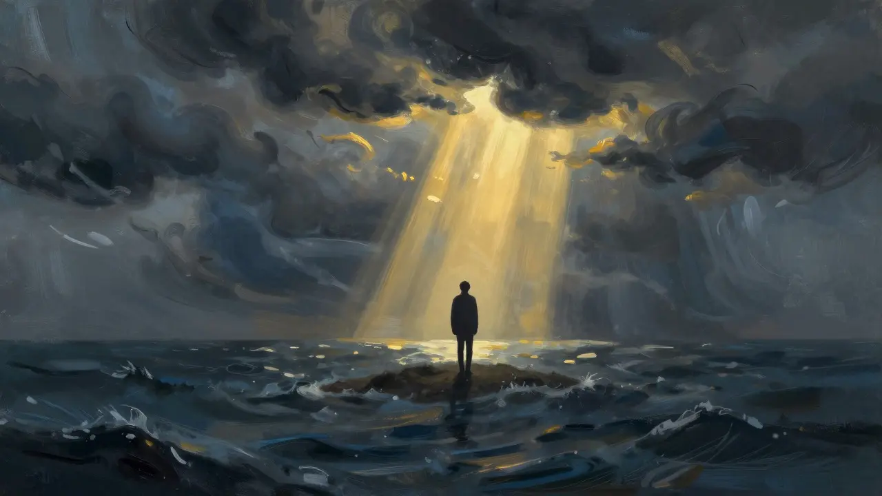 Silhouette standing firm amidst stormy clouds and breaking sunlight