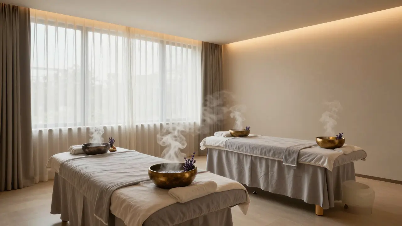 Spacious wellness suite with aromatherapy and warm lighting