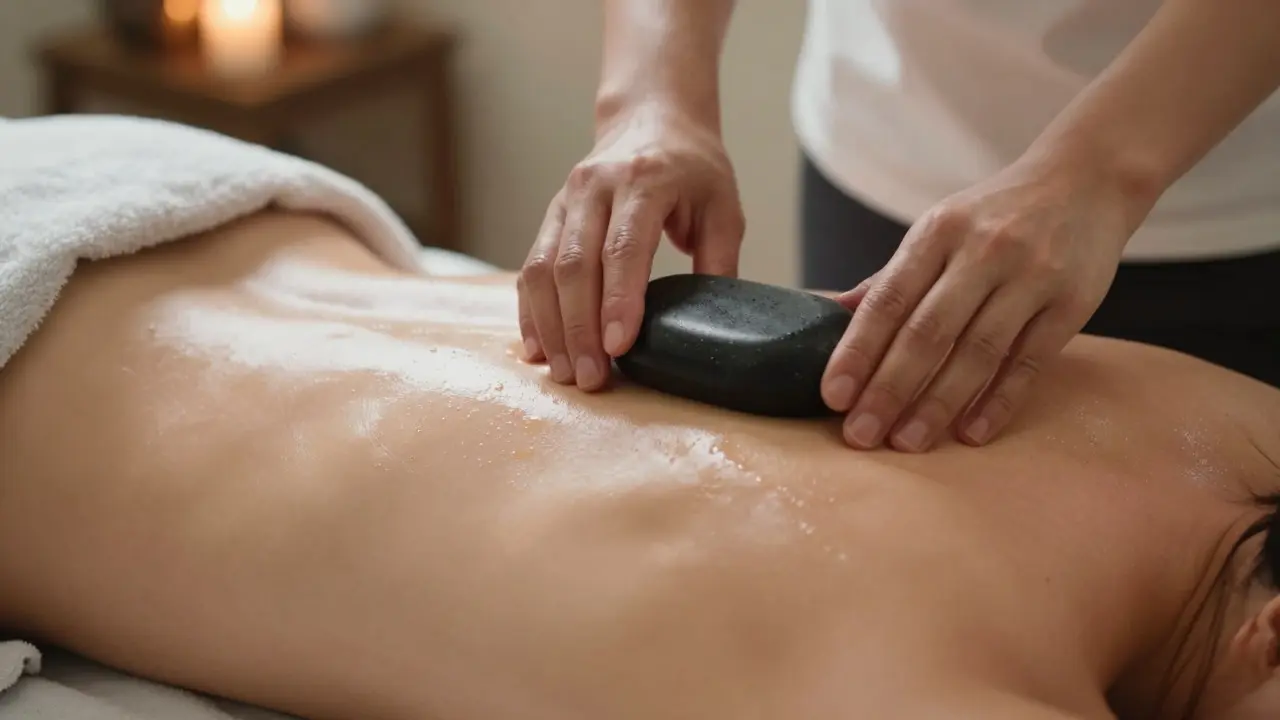 Therapist placing a hot stone on a client's oiled back