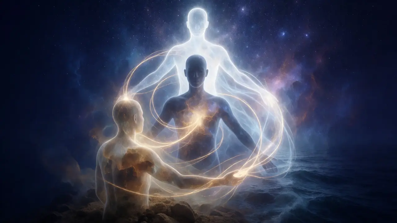 Abstract visualization of three interconnected glowing human silhouettes representing Huna selves.