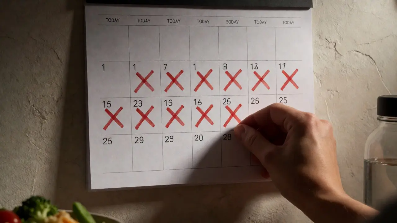 Hand marking an X on a wall calendar to track consistent daily health actions.