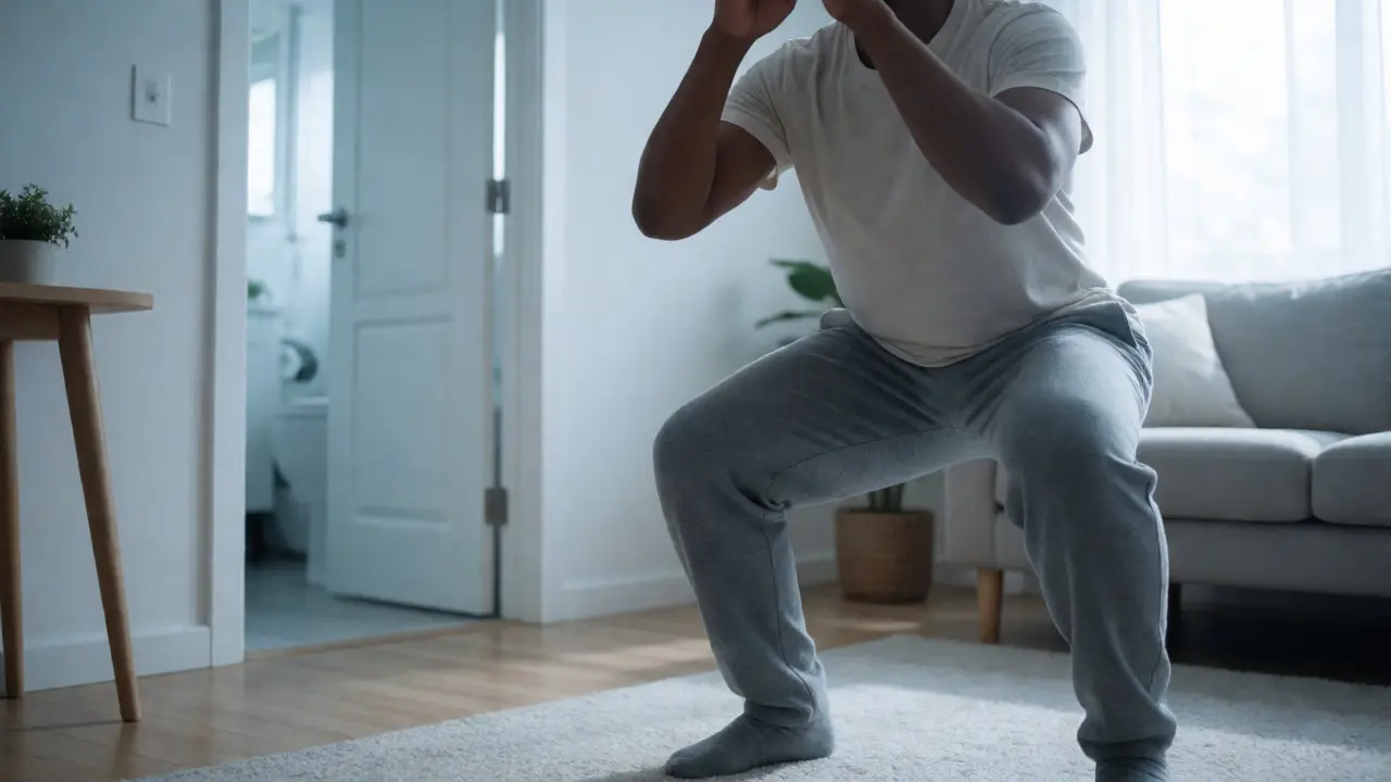 Person doing squats in a living room right after brushing teeth to illustrate habit stacking.