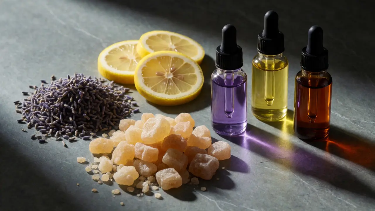 Raw lavender, lemon, and frankincense next to essential oil bottles