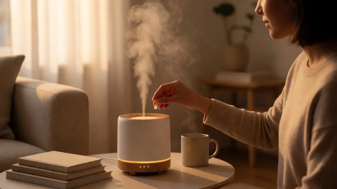 Woman adding drops to an ultrasonic diffuser in a cozy living room